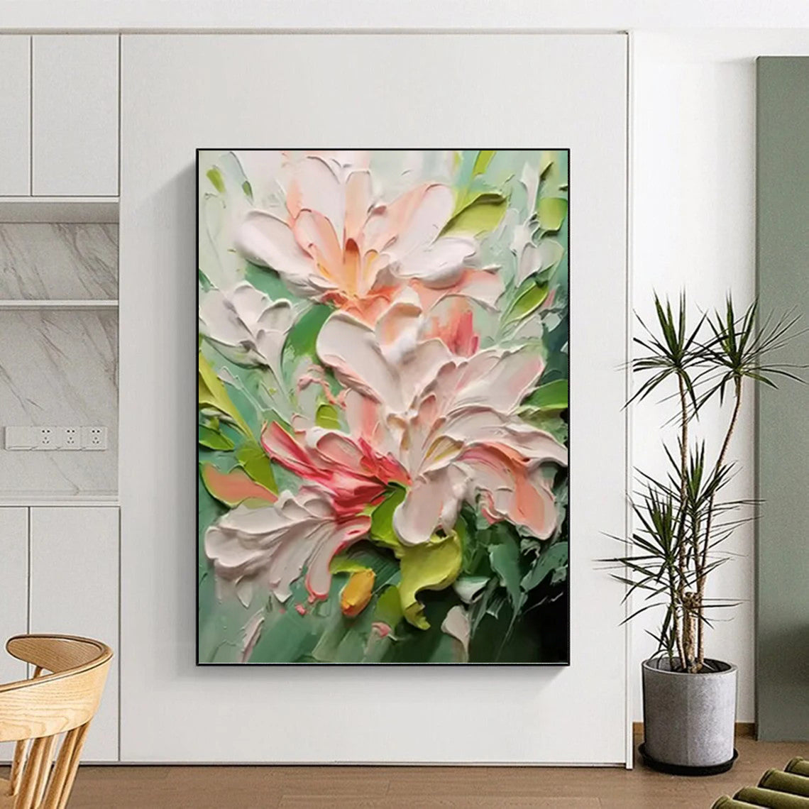 Pink and Green Floral Impasto - Textured Flower Painting On Canvas DKH1396