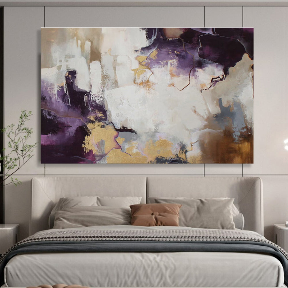 Purple, White, and Gold Abstract “Regal Ethereal Abstraction” Painting On Canvas DKH131