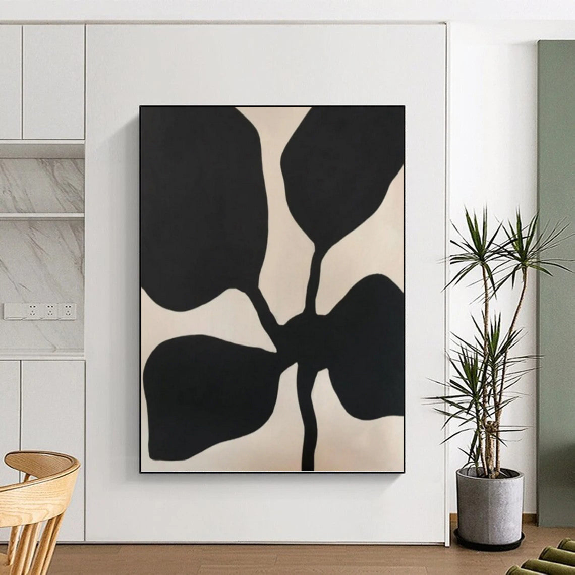 “Black Flower - like Forms on Light Background” - Minimalist Abstract Painting On Canvas DKH1077