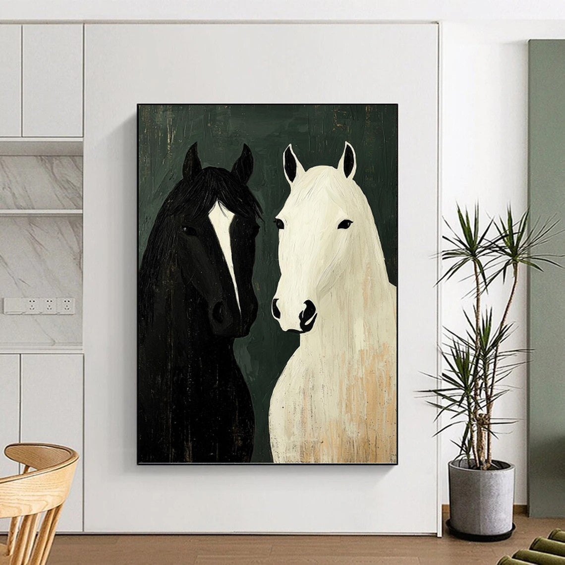 “Two Horses Portrait” - Black, White & Green Folk - Art - Style Painting On Canvas DKH1003