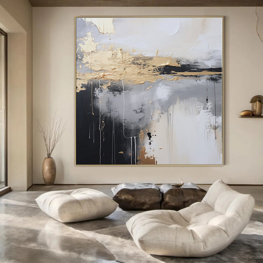 Black - White - Gold Abstract Drips - Abstract Expressionist Acrylic Painting CT1399