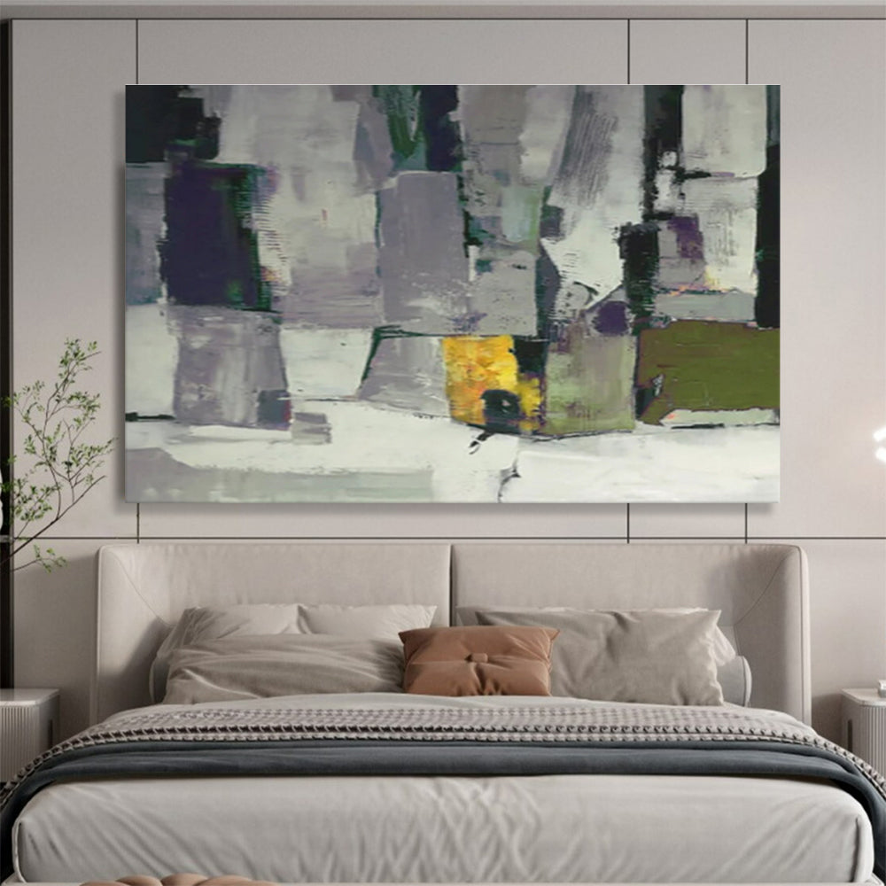 “Gray & Colorful Geometric Blocks” Abstract Cubist - Inspired Painting On Canvas DKH365