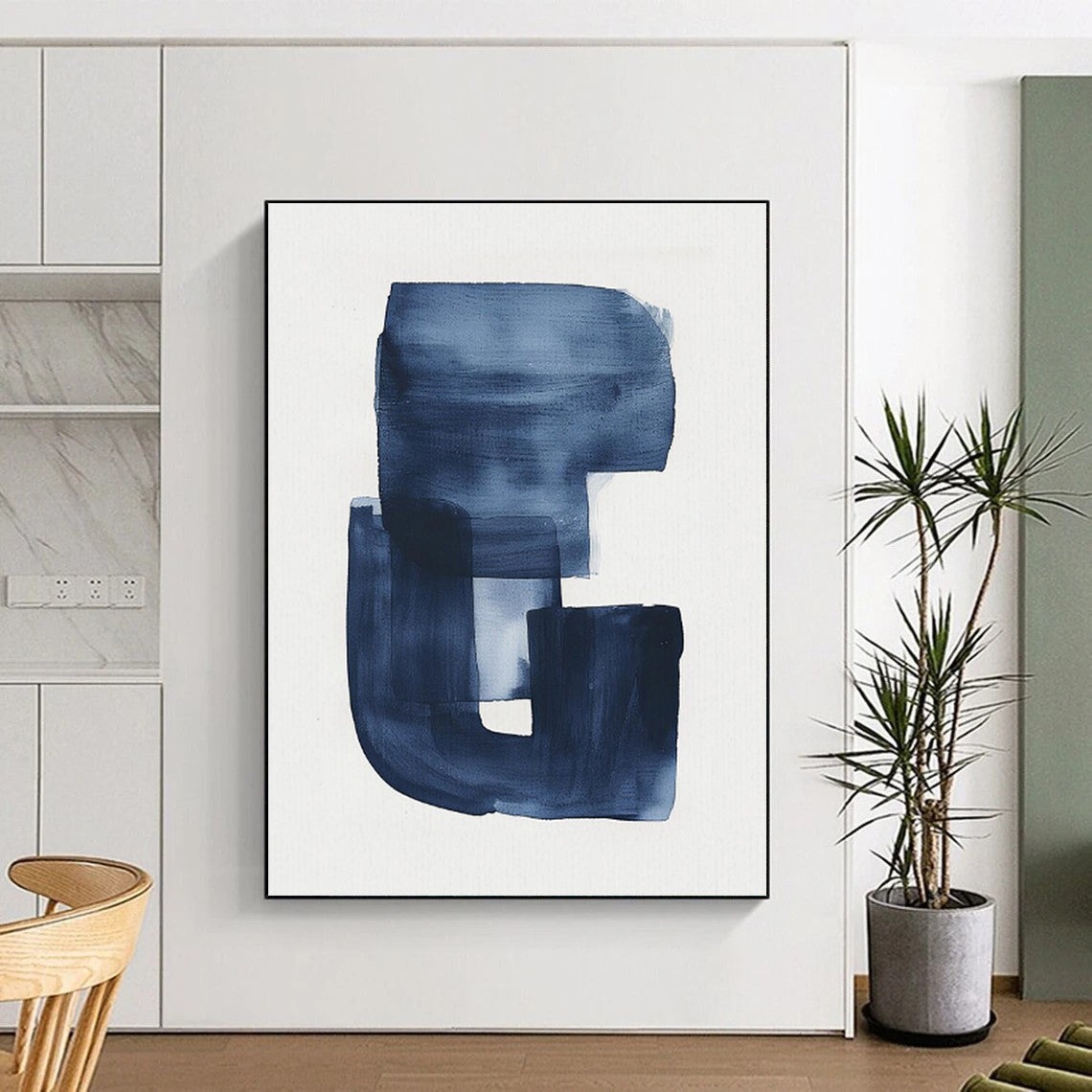Navy Blue Abstract “G” - Shaped Form, “Inky Monogram” - Abstract Ink Painting CT0749