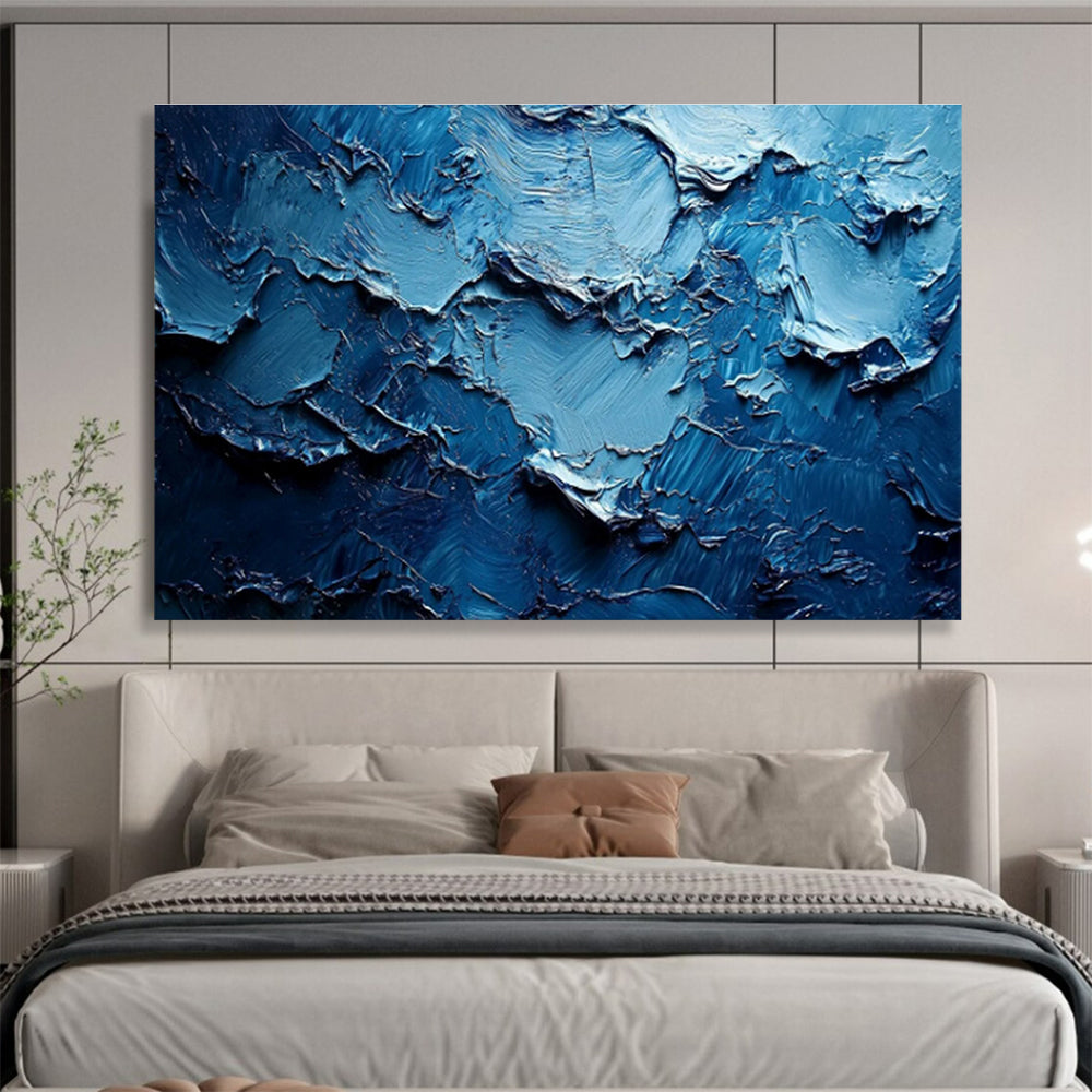 “Cobalt Textured Waves” - Blue, Dark Blue Impasto Abstract Painting On Canvas DKH758