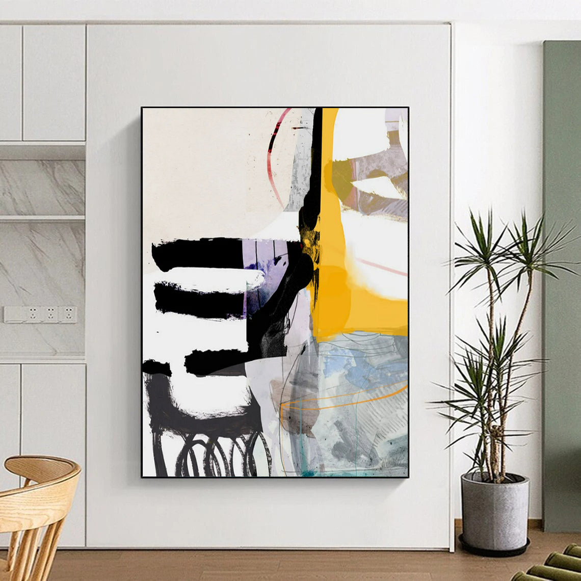 “Black, Yellow, Purple & White Collage - Style Abstract” - Abstract Painting On Canvas CT2313