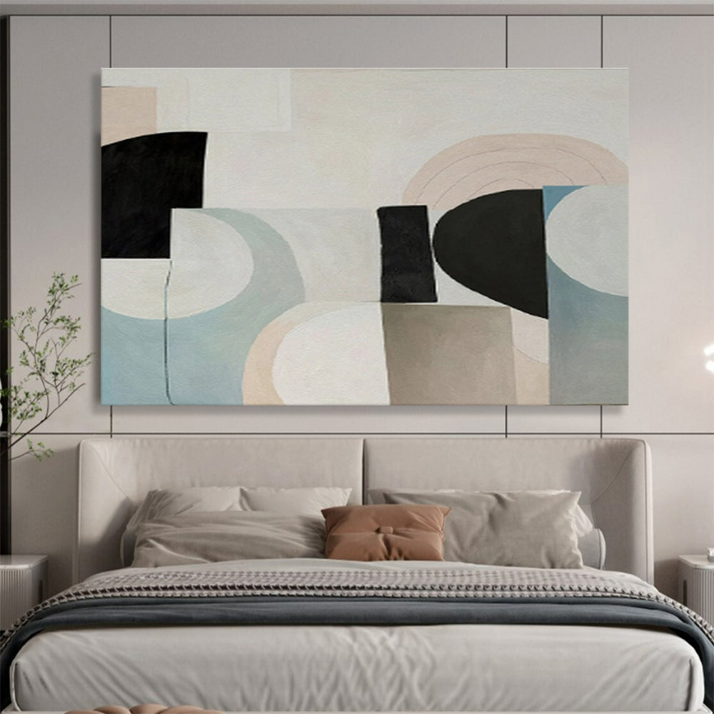 Pastel Geometric Harmony with Beige, Blue, and Black, Abstract Mid - Century - Style Painting On Canvas DKH583