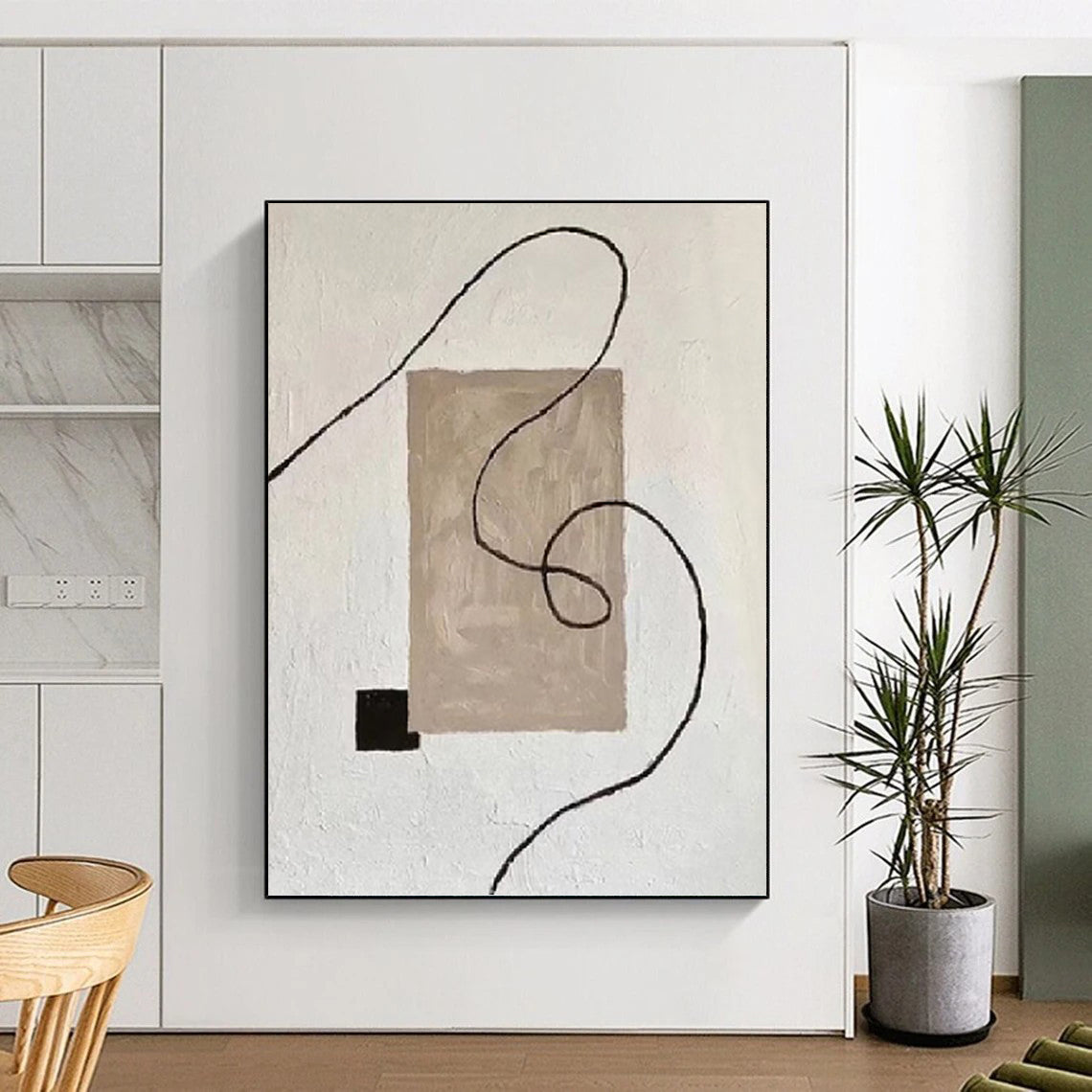 Minimalist Beige, Black, and Line Abstract - Abstract Painting On Canvas DKH1327