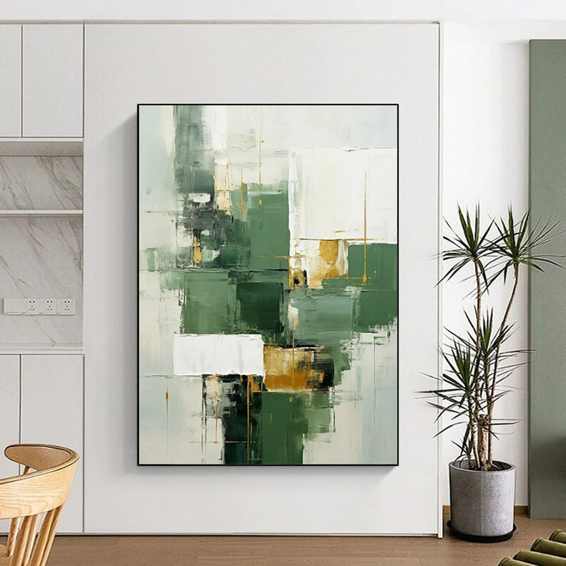 Green, White & Gold Geometric Abstract - Geometric Abstract Painting On Canvas CT2292