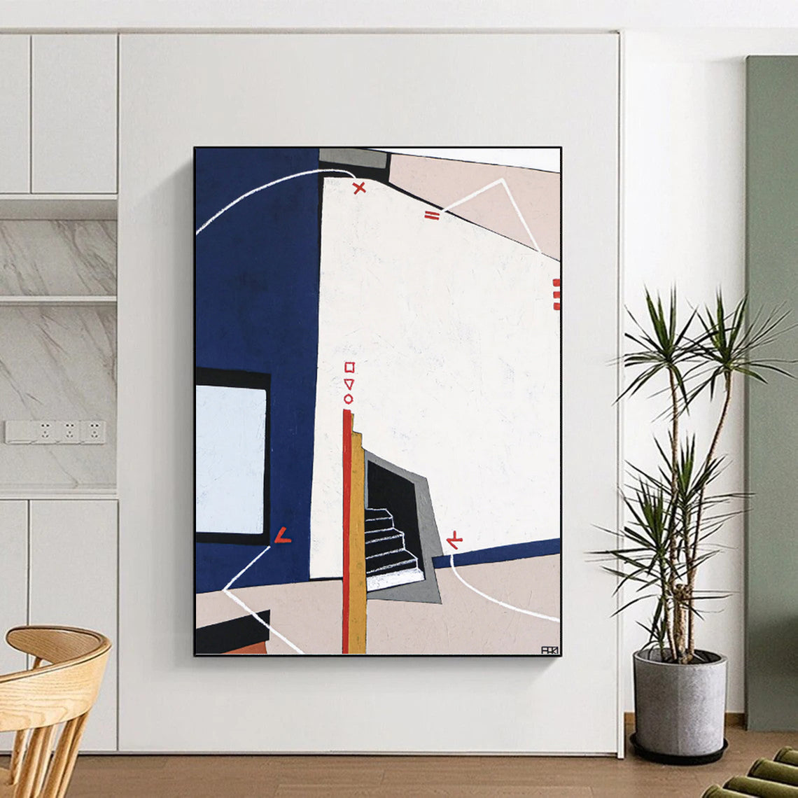 “Geometric Abstract with Blue, White, and Red Elements” - Architectural - Inspired Painting On Canvas DKH1106