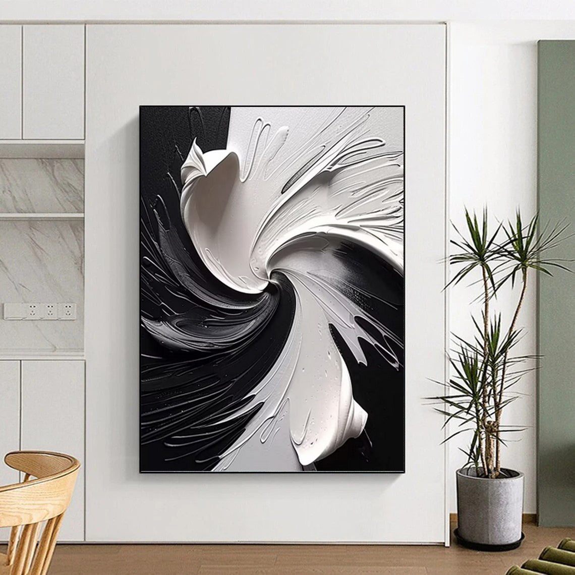 Dynamic Black and White Abstract Swirl - Abstract Painting On Canvas DKH1474