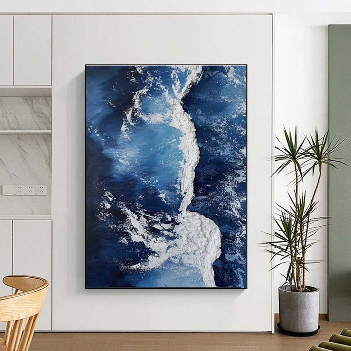 “Dynamic Blue and White Waves”,Abstract Impasto Style CT0669