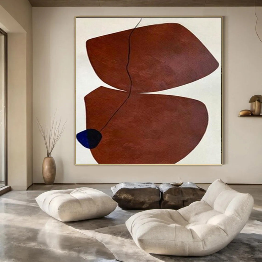 “Brown Shapes with Black Line and Blue Accent” – Minimalist Abstract Painting CT1115