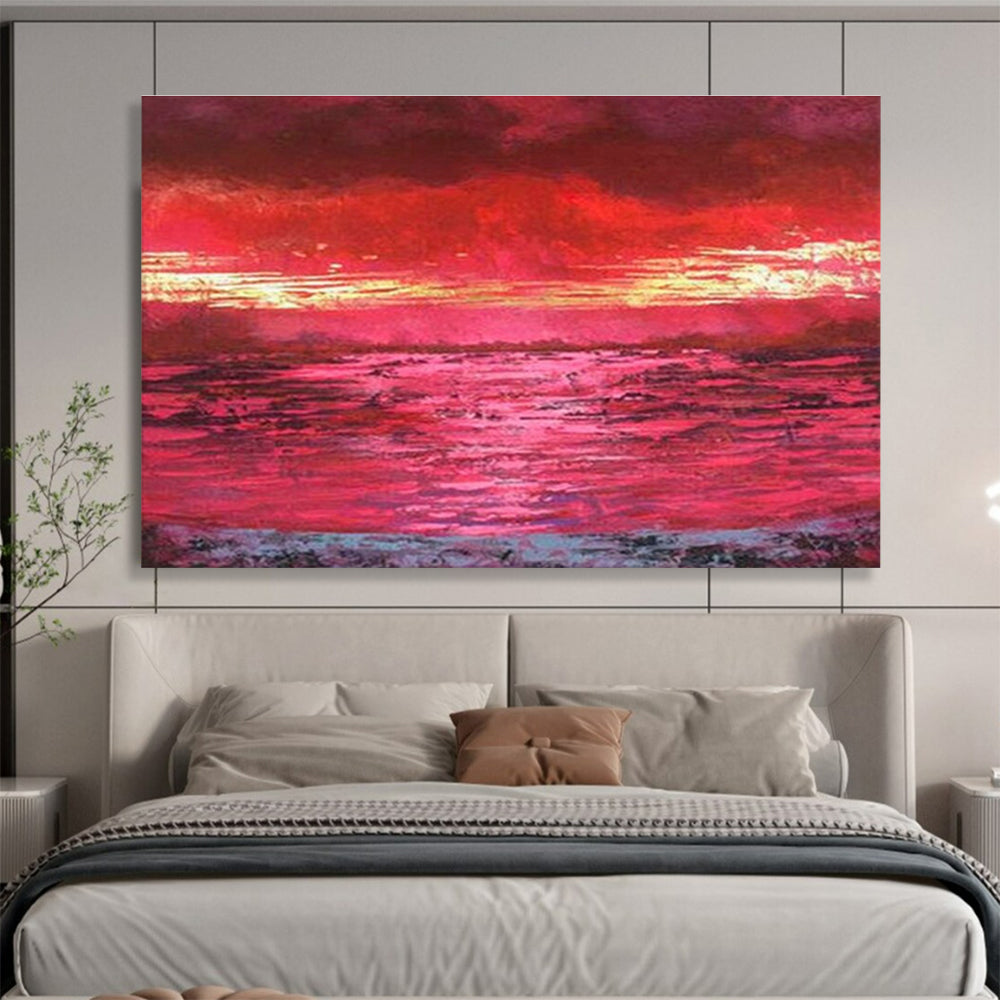 Red Sunset Over Water Painting On Canvas DKH191
