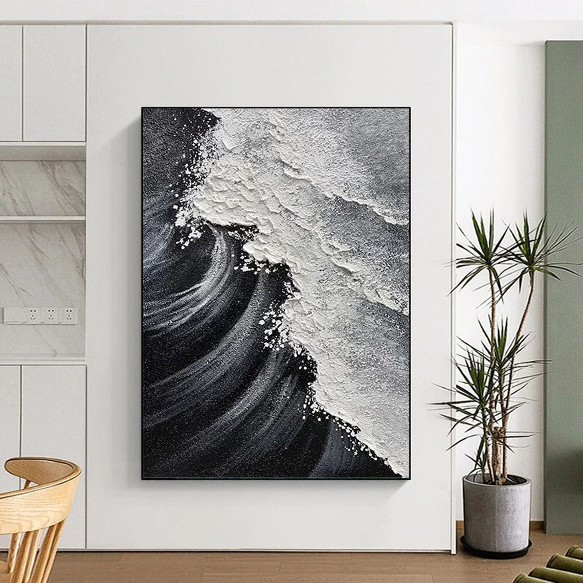 “Black & White Wave Textures” - Minimalist Seascape Painting On Canvas DKH1658
