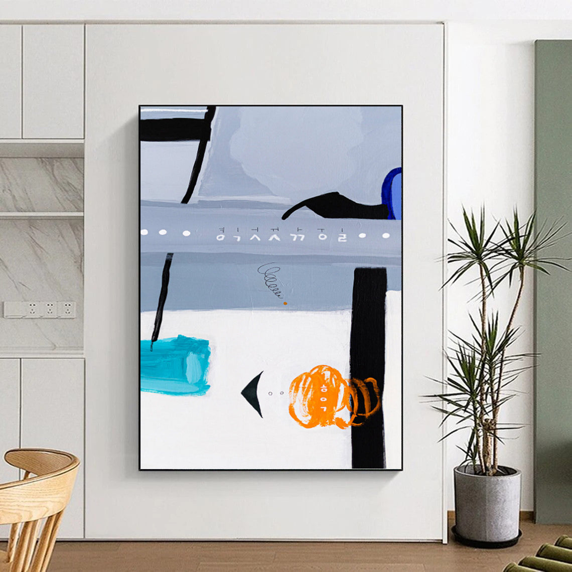 “Gray and Blue Abstract with Orange and Teal Elements” - Eclectic Abstract Painting On Canvas DKH1099