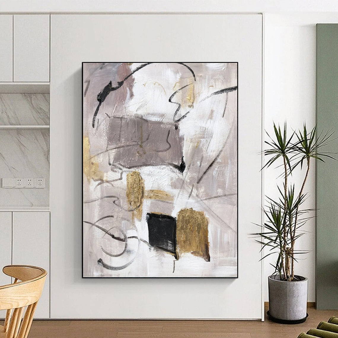 Neutral Abstract with Gold Accents - Minimalist Abstract Painting On Canvas DKH1285