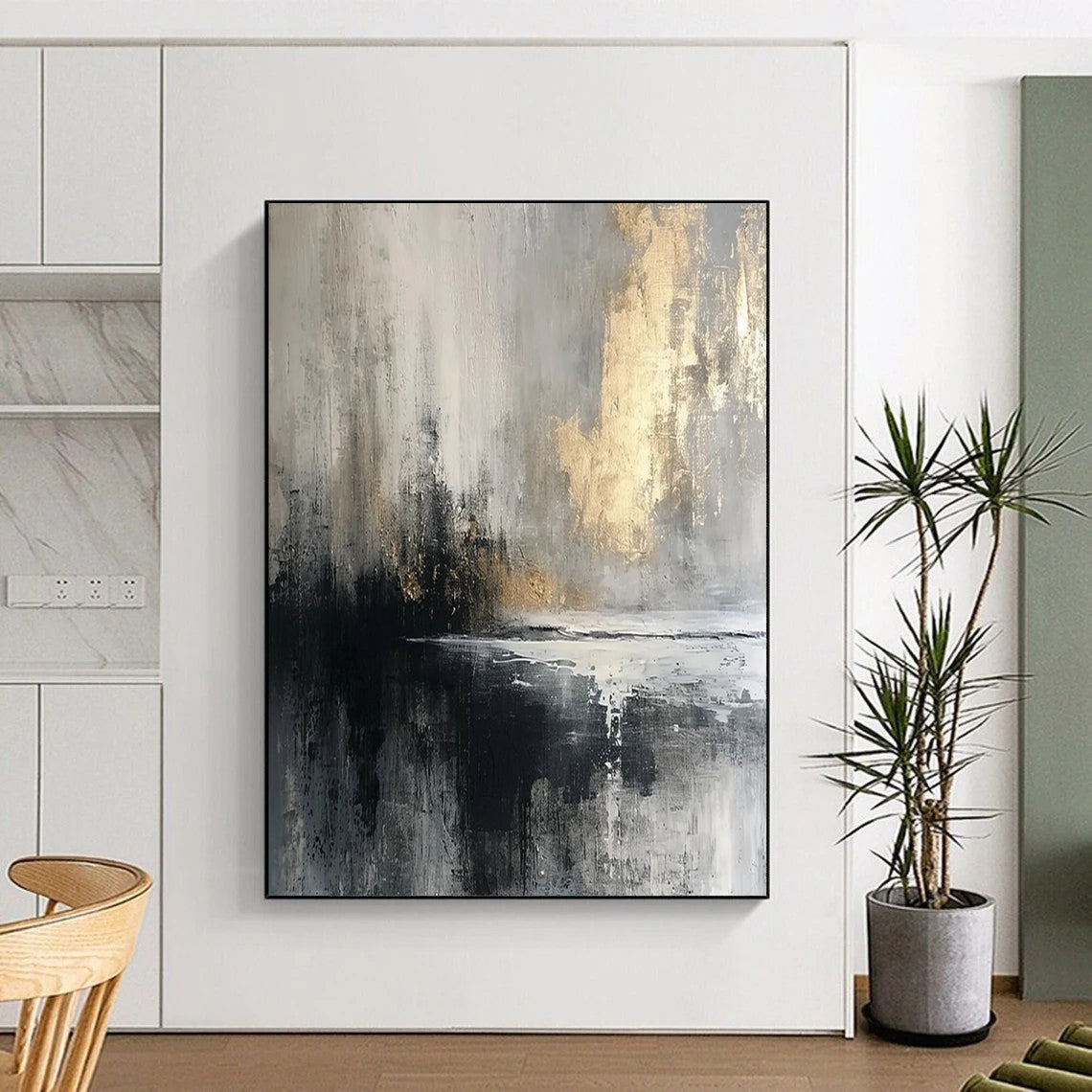 “Gray - Gold Abstract Reflection” - Abstract Expressionist Painting On Canvas DTP067