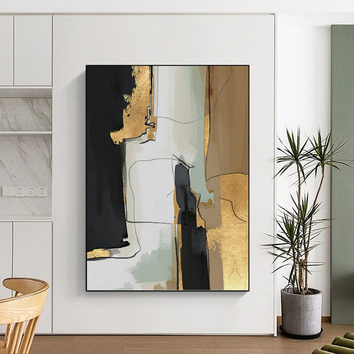 “Gilded Urbanity” - Black, Gold, Beige & Green Abstract Cityscape - Inspired Painting On Canvas DKH1524