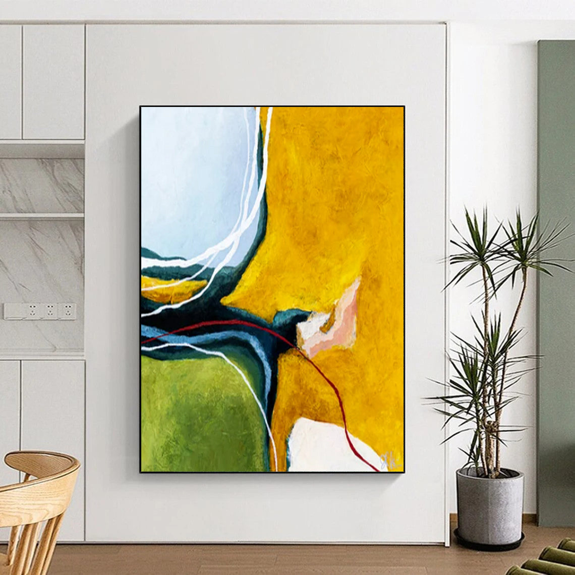 “Color Block Abstract - Yellows, Greens, and Intricate Lines” Painting On Canvas CT2387