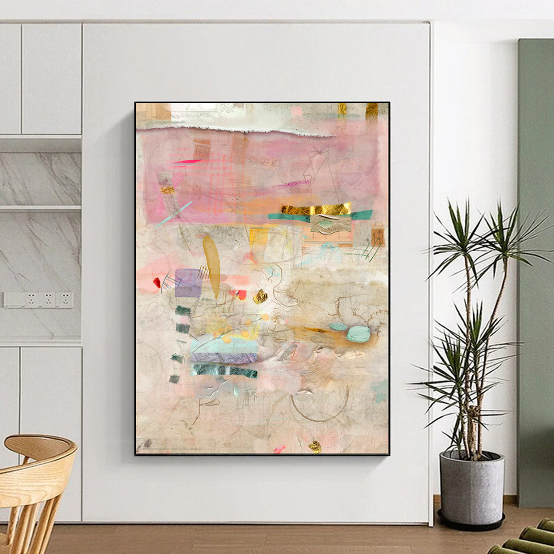 Pink, Gold, Mixed Media - "Elegant Chaos" - Mixed - media Abstract Art CT1853