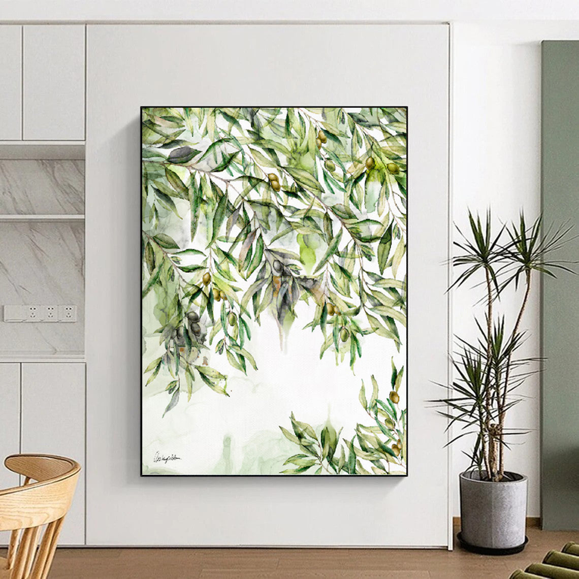 “Green Olive Branches with Olives” - Nature - Inspired Watercolor Painting On Canvas DKH1083