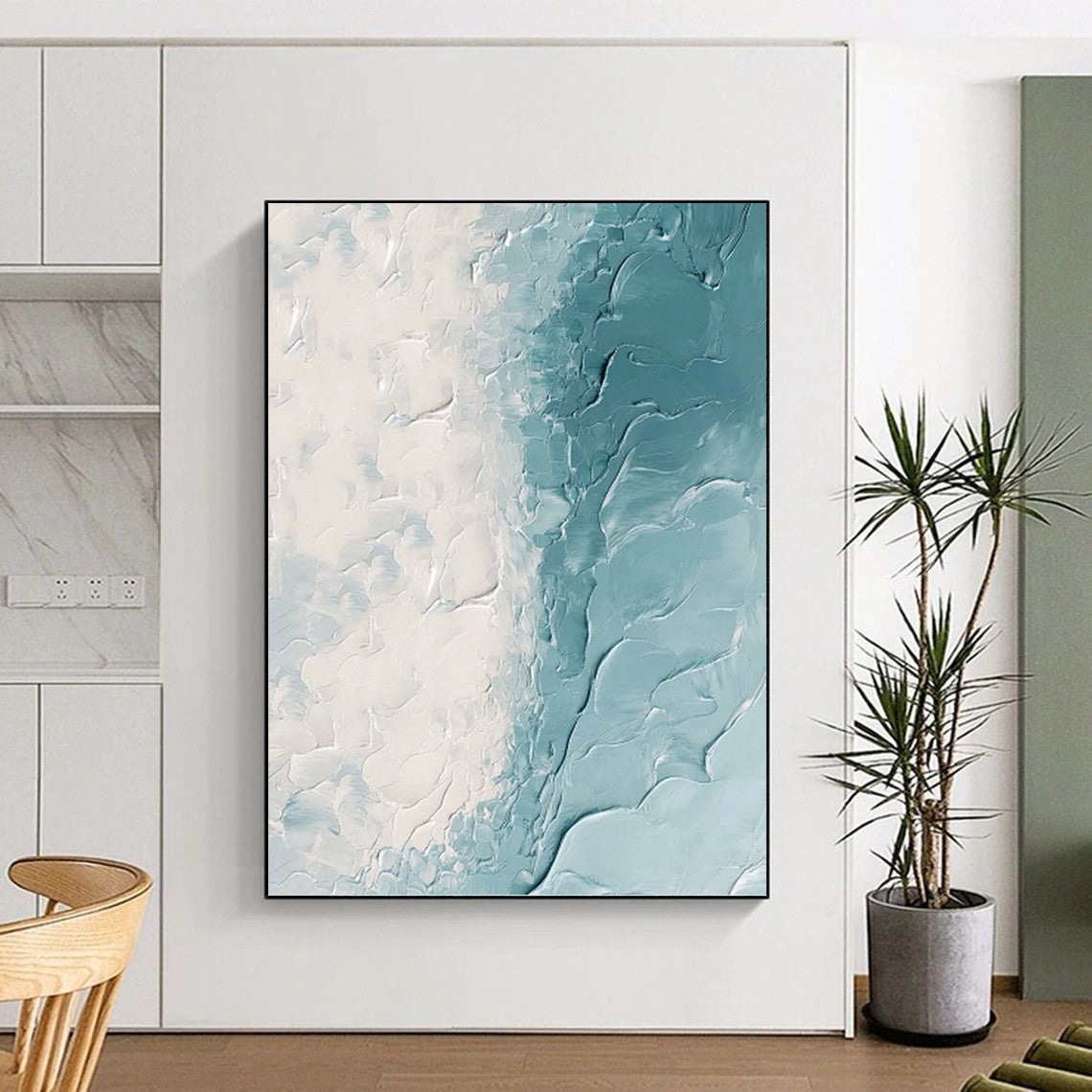 White & Teal Textured Flow - Abstract Impasto Painting On Canvas DKH1250