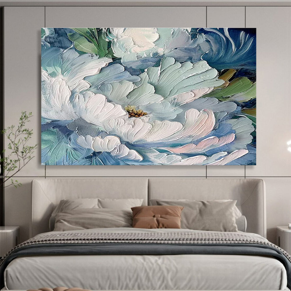 Textured Blue Peony Blooms Painting On Canvas DKH675