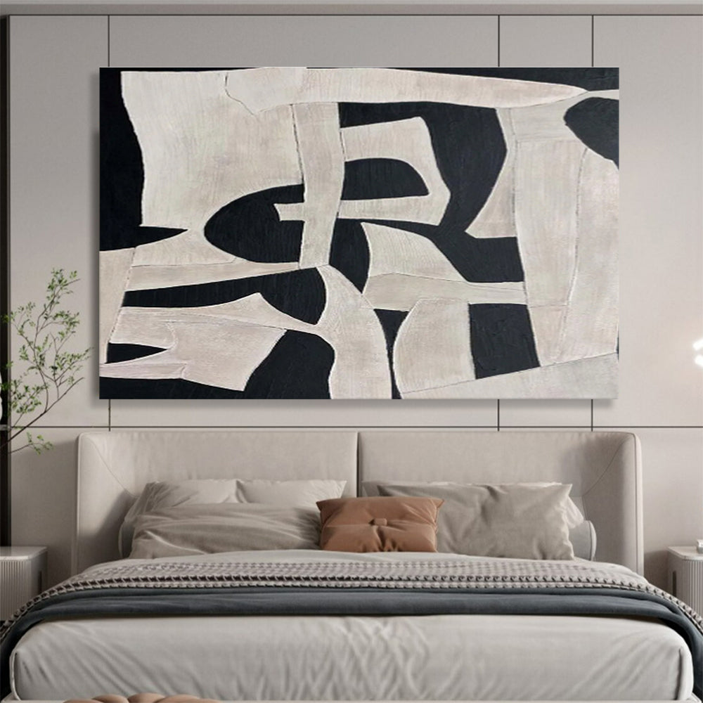 Black and White Geometric Abstract “Dynamic Shape Interplay” Painting On Canvas DKH091