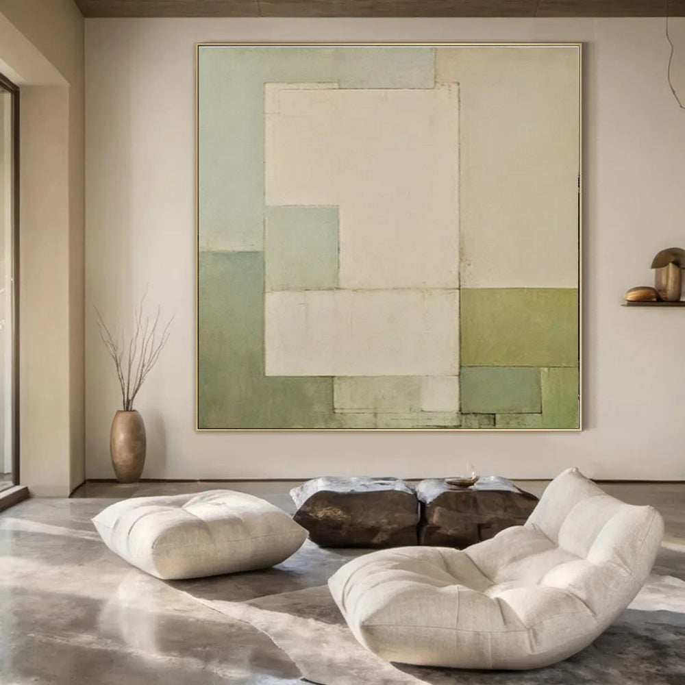 Soft Greens & Neutrals, Geometric Blocks - "Gentle Geometry" - Abstract Acrylic Painting CT1444