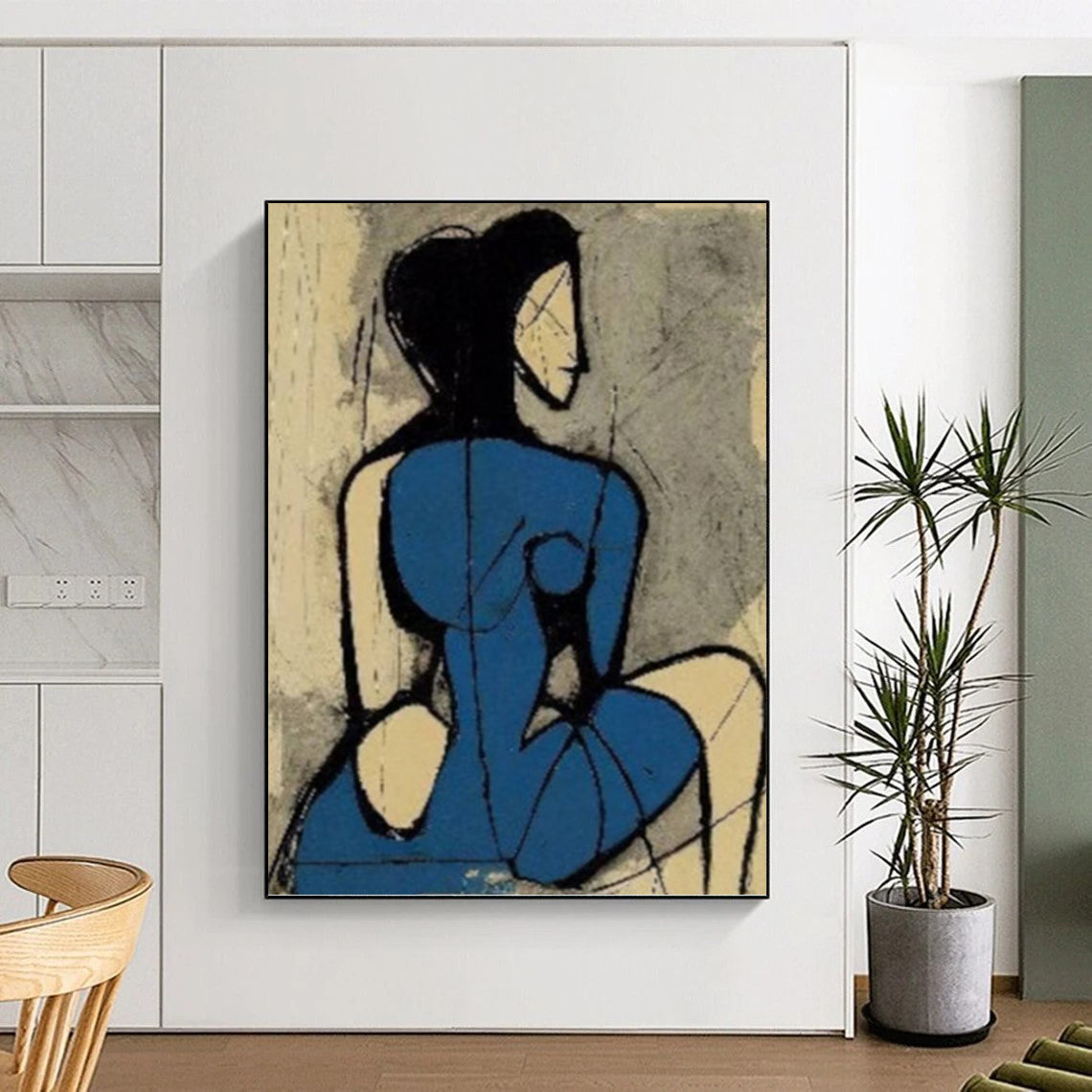Abstract Blue - Clad Woman in Cubist Style - Figurative Painting On Canvas DKH1417