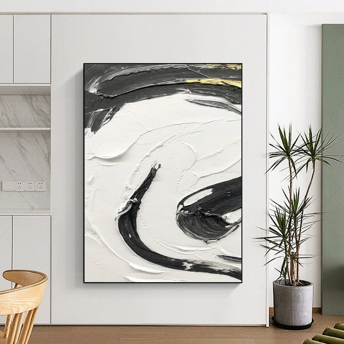 “Black, White, Gold Textured Swirls ‘Opulent Energy’” - Impasto Abstract Painting On Canvas DTP378