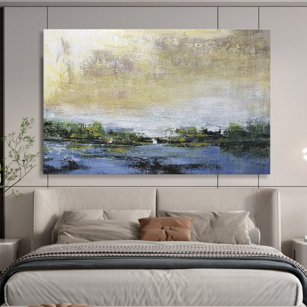 Subtle Abstract Landscape in Gold and Blue Painting On Canvas DKH195