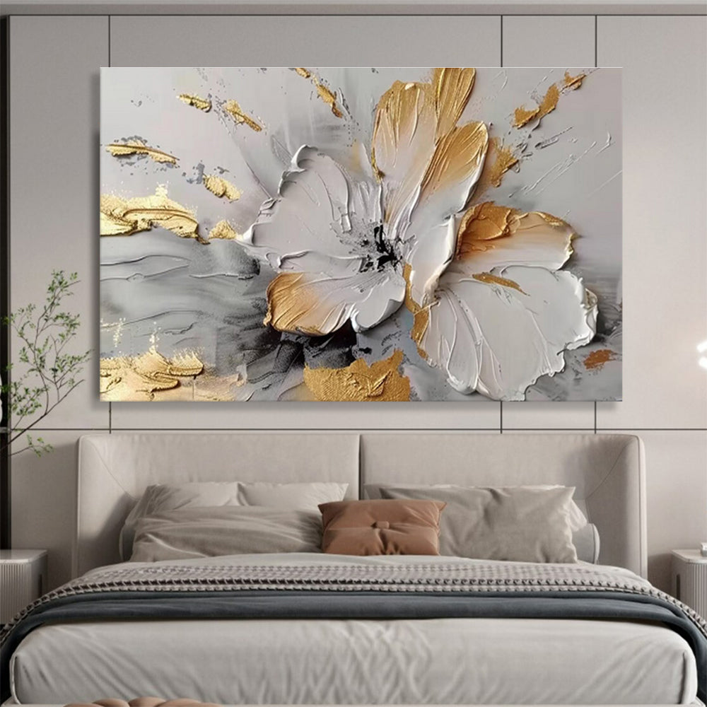Gold - Accented White Flower in Relief Painting On Canvas DKH677