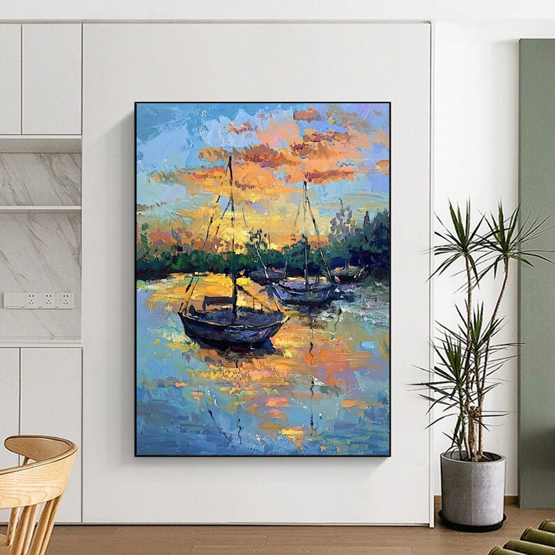 “Harbor at Sunset: Boats in Fiery Skies” - Impressionist Maritime Oil on Canvas CT1882