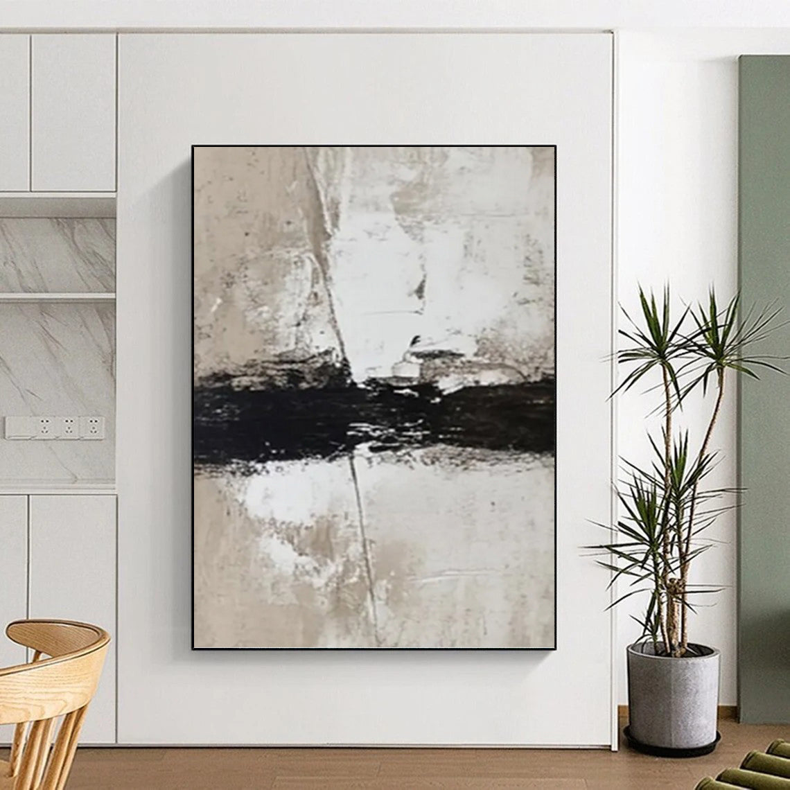 “Beige, White & Black Textured Abstract Strokes” Painting On Canvas DKH0976