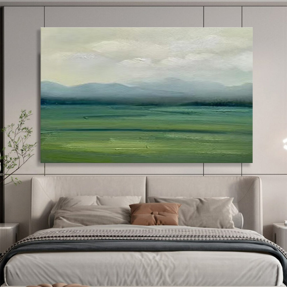 Muted Green and Gray Landscape “Misty Mountain Vista” Painting On Canvas DKH101