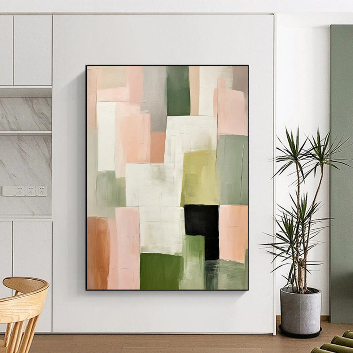 Neutral & Green Geometric Blocks - Modernist Geometry - Based Painting On Canvas CT2260