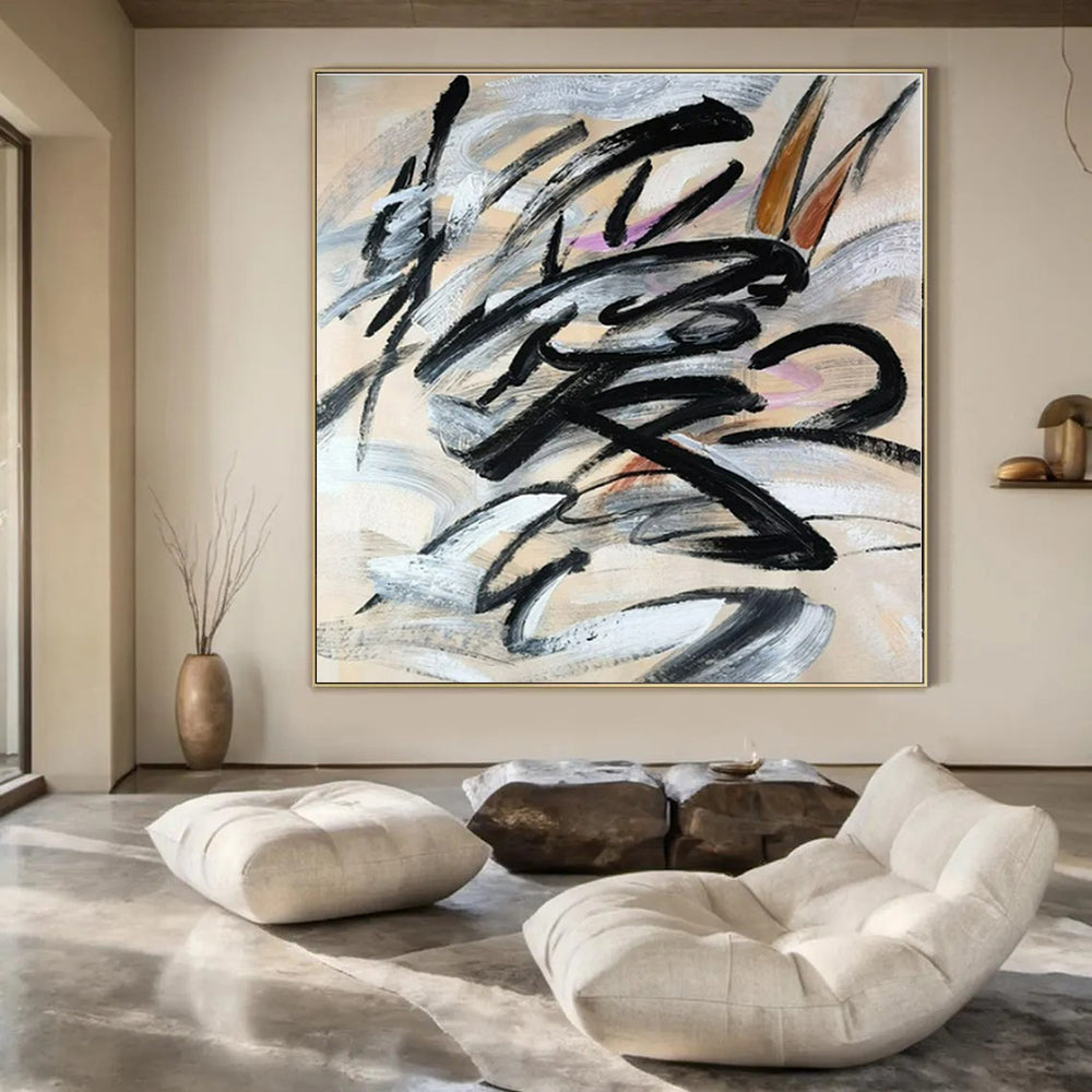 Black Calligraphic Swirls - Abstract Calligraphic Acrylic On Canvas CT1325