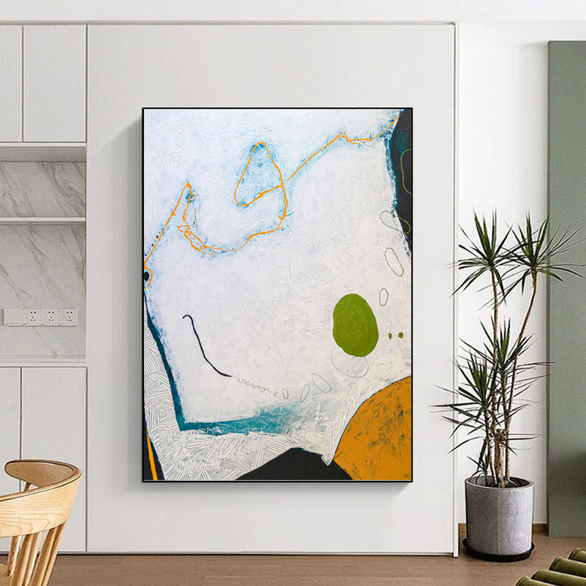 “Textured Abstract with White, Blue, Orange, and Green” - Playful Mixed - Media Painting On Canvas DKH1107