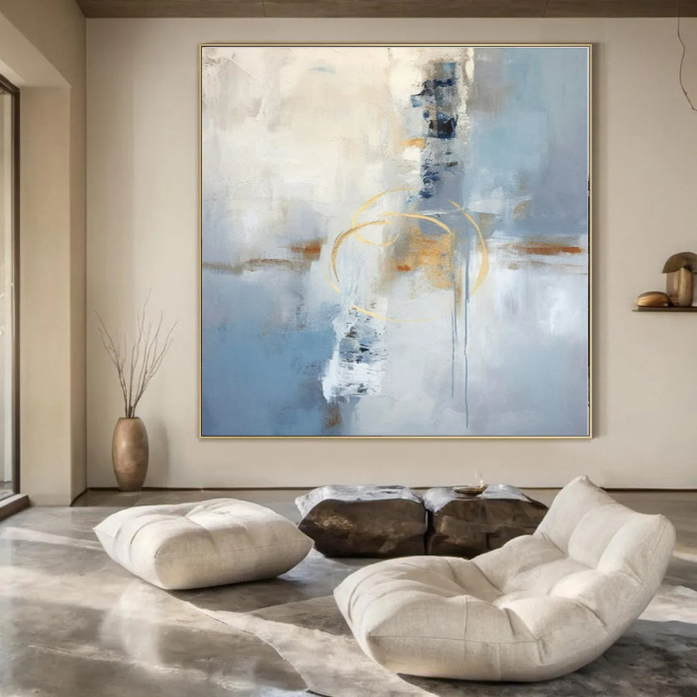 Soft Blue & Gold Abstraction - Abstract Expressionist Acrylic On Canvas CT1333