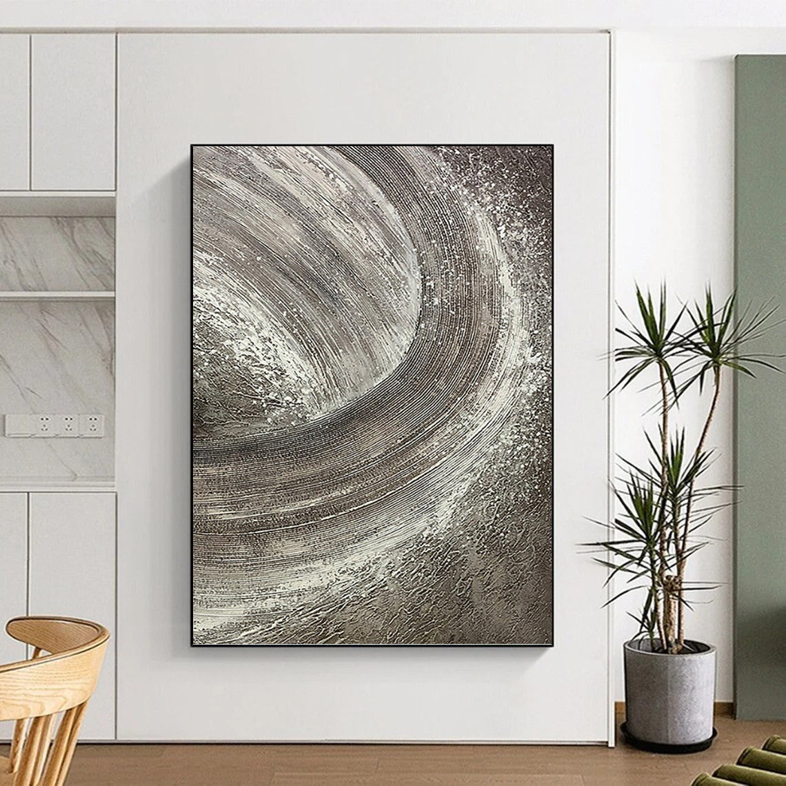 “Silver Swirl” - Gray & White Textured Abstract Circles Painting On Canvas DKH1542