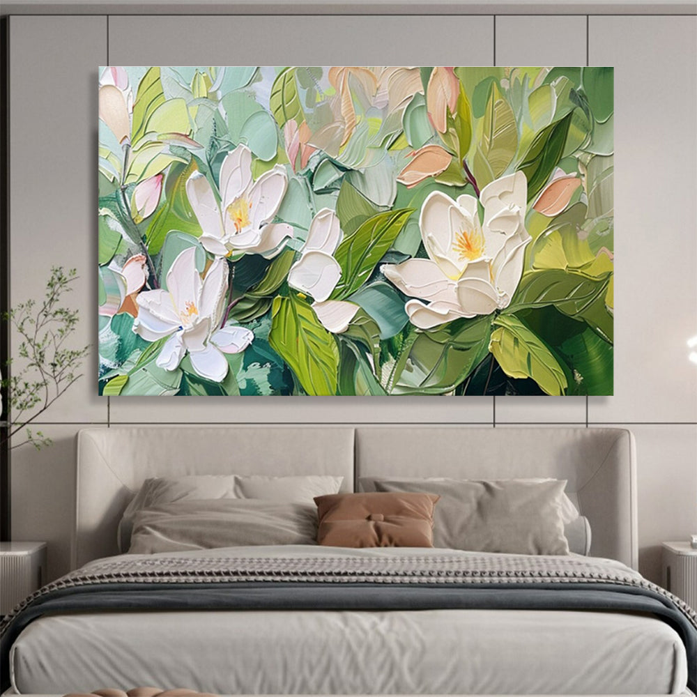 “Impasto White Magnolias” - Delicate Botanical Painting On Canvas DKH836