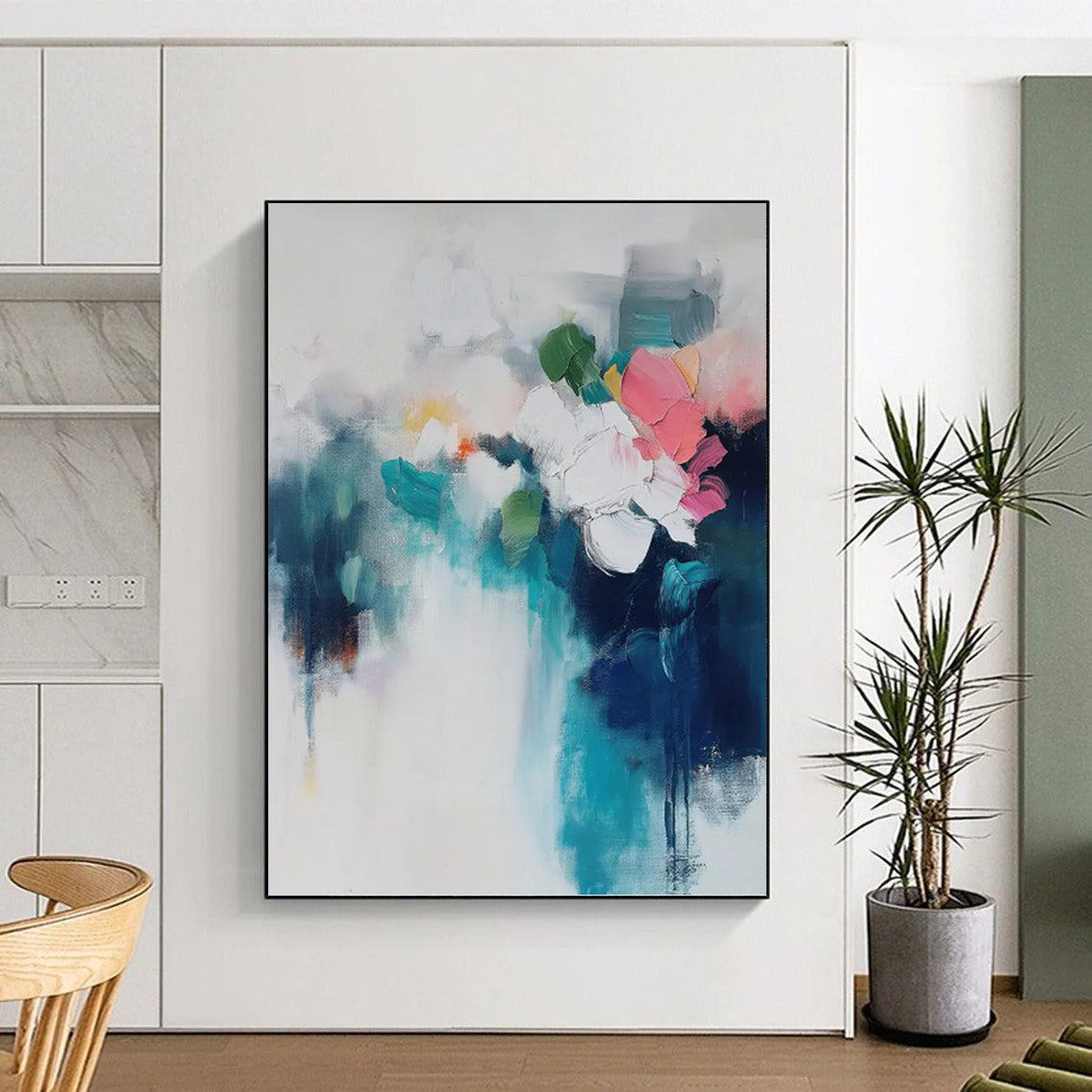 “Colorful Abstract Floral Bouquet” - Blue, White, Pink & Green Impressionistic Flower Painting On Canvas DKH0996