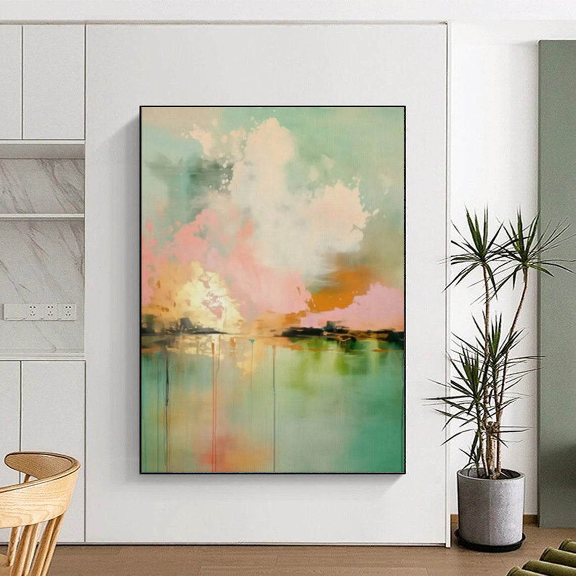 “Teal, Pink & Orange Abstract Sky Reflection” Painting On Canvas DKH0994