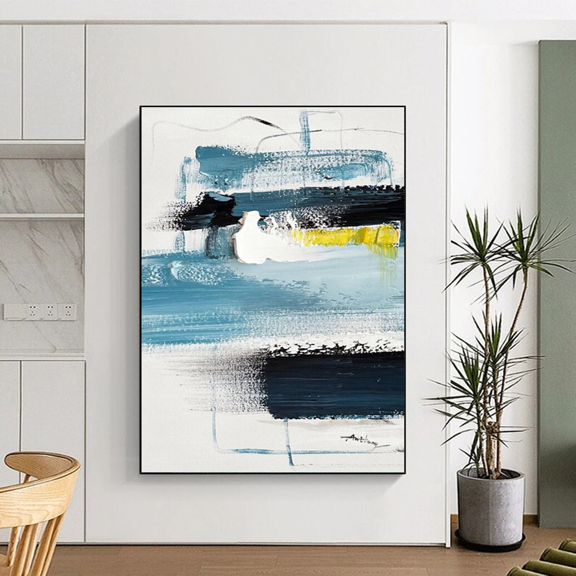Blue, Black, White & Yellow Abstract Layers, “Coastal Rhythm” - Impasto Abstract Painting CT0778