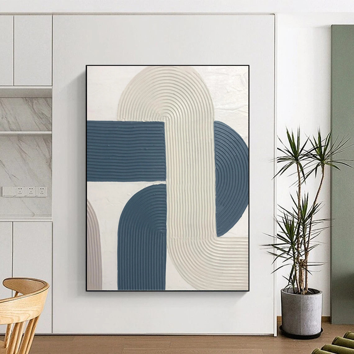 “Curved Harmony” - White & Blue Ribbon - like Shapes Painting On Canvas DKH1163