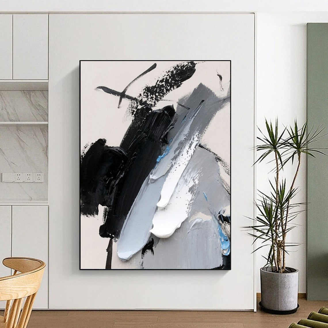Black, Gray, White & Blue Abstract Strokes, “Chilled Dynamism” - Impasto Abstract Painting CT0777