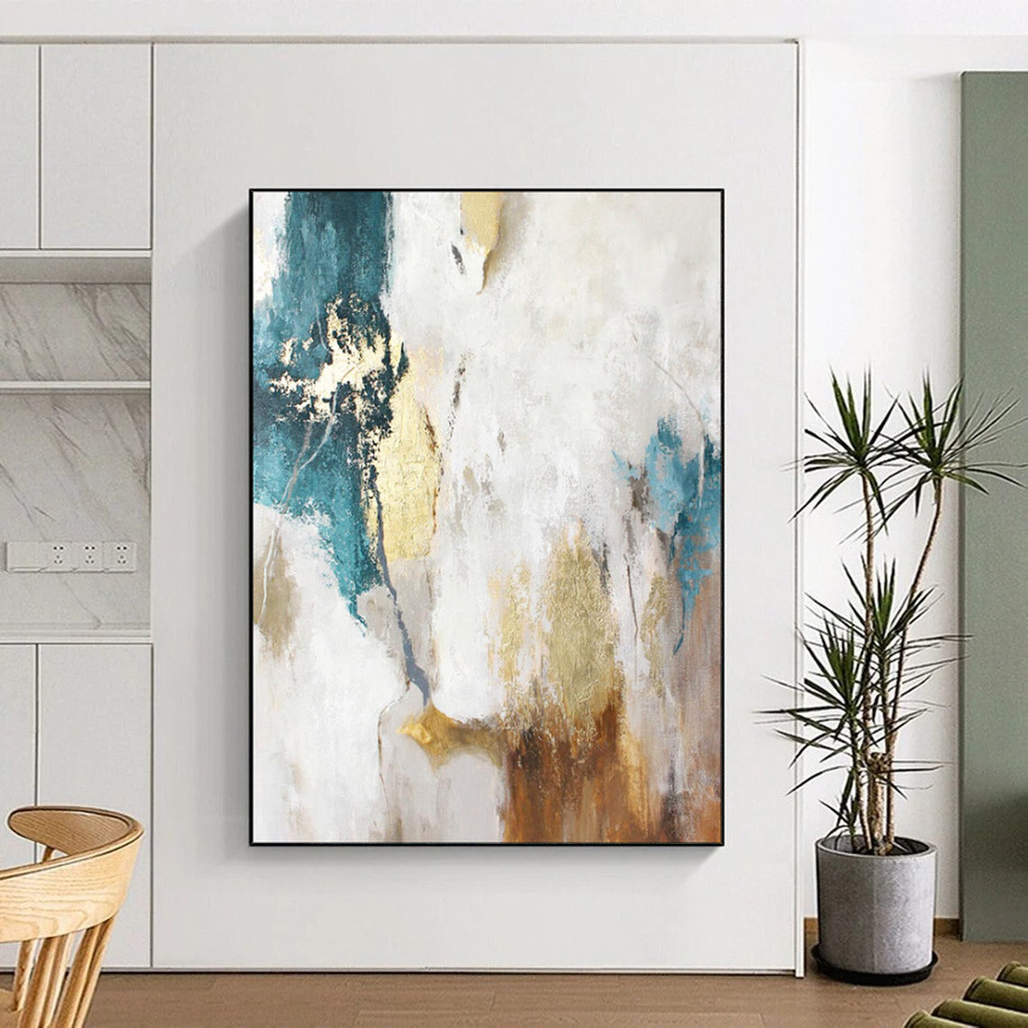 “Gold Accents on White and Teal Abstract” - Abstract Acrylic Art CT1924