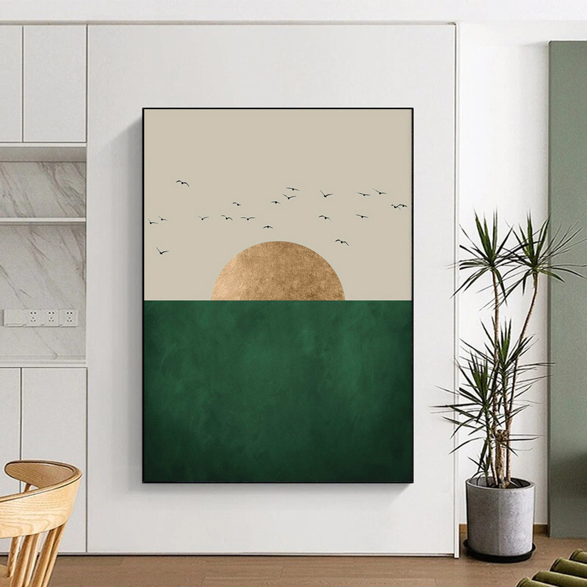 Golden Sun Green Horizon Black Birds Minimalist Nature Inspired Art CT1921