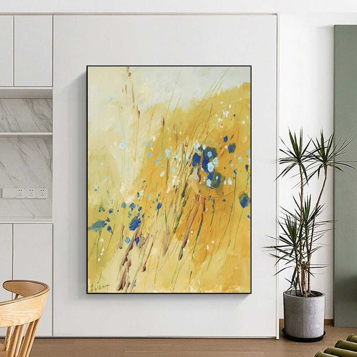 Yellow Field with Blue Blooms, "Sunny Meadow" - Impressionistic Abstract Painting CT0707